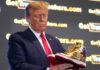 Donald Trump promotes golden ‘Never Surrender Hi-Top’ trainers for $399 a pair | US News